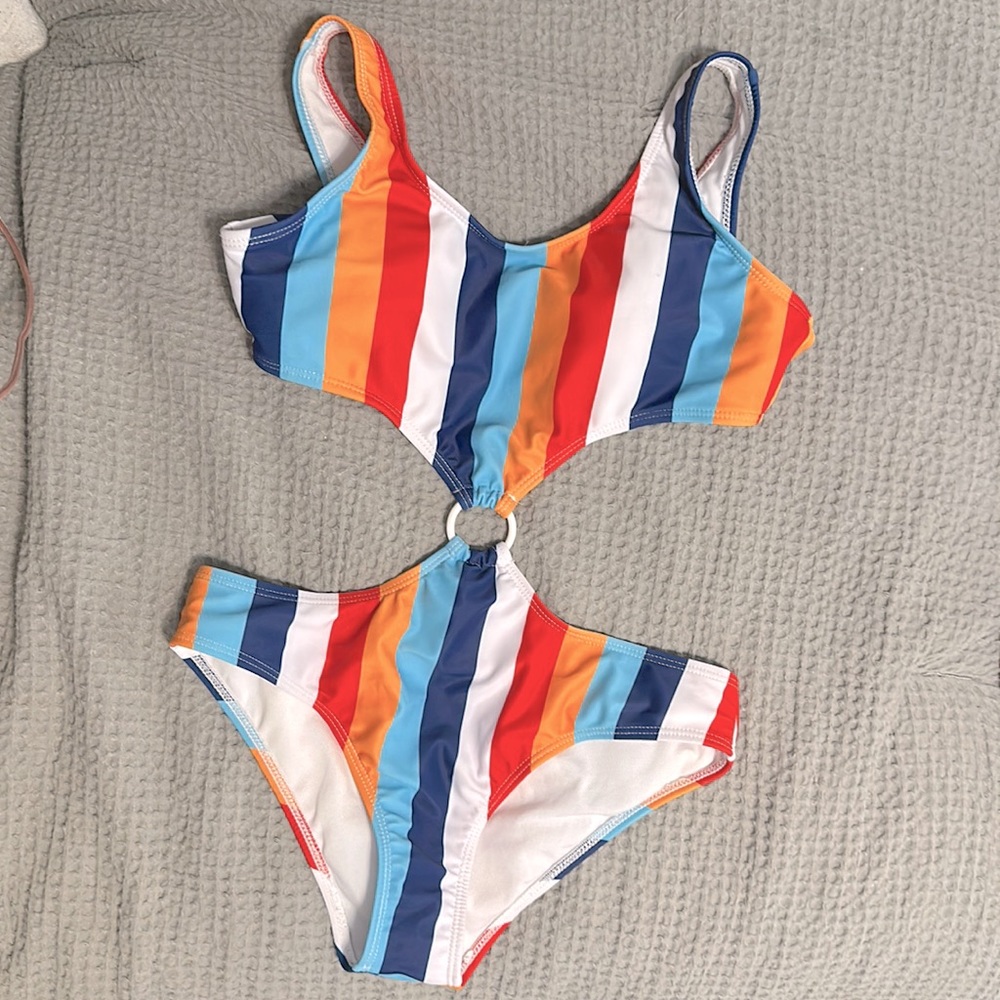 A one piece, kid, colorful stripes, small, one shoulder